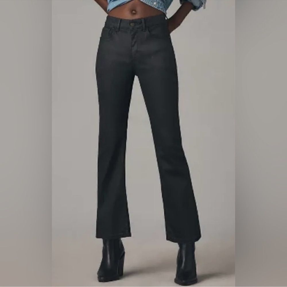 PILCRO X ANTHRO 27 YAYA Black Luxe Coated Mid Rise Crop Flare Stretch Jeans